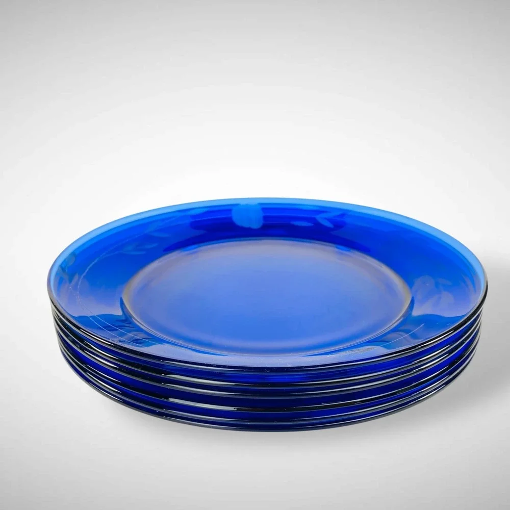Princess House Heritage Blue Glass 8 Inch Salad Plates Set of 6 Vintage‎ 1974